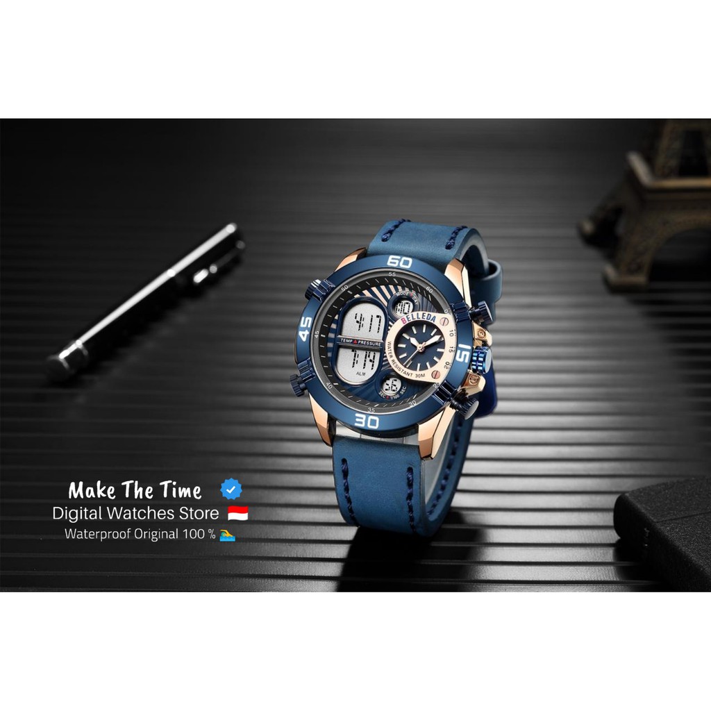 Jam Tangan Pria Belleda B9271 Original Waterproof Dualtime Strap Kulit