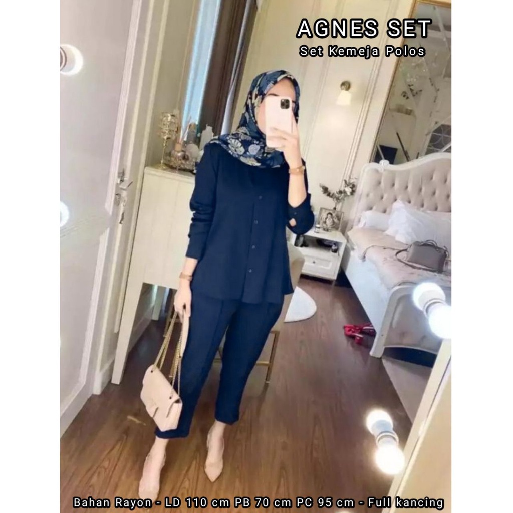 Agnes One Set Wanita Rayon Premium Setelan Wanita Kemeja Polos Lengan Panjang Set Celana Wanita Kekinian LD 110 cm