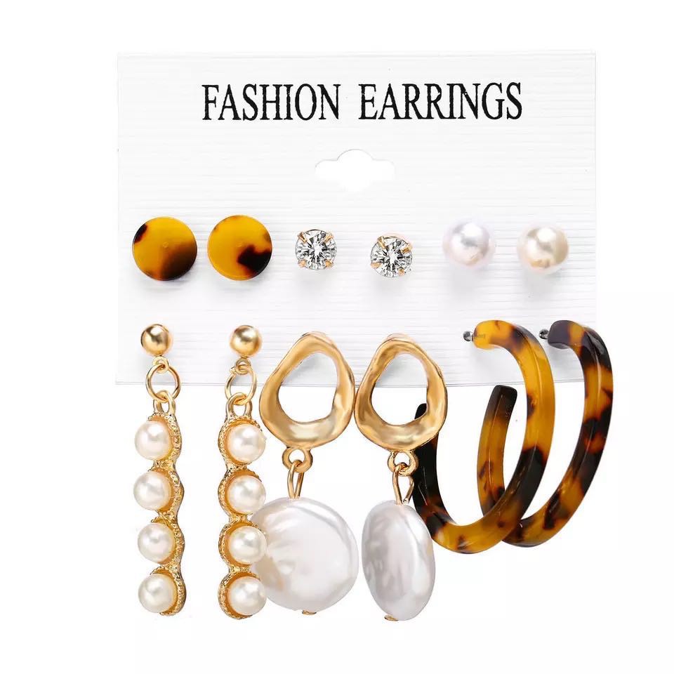 6 Pasang / Set Anting Tusuk Bentuk Lingkaran Aksen Mutiara + Rumbai Gaya Bohemian untuk Wanita