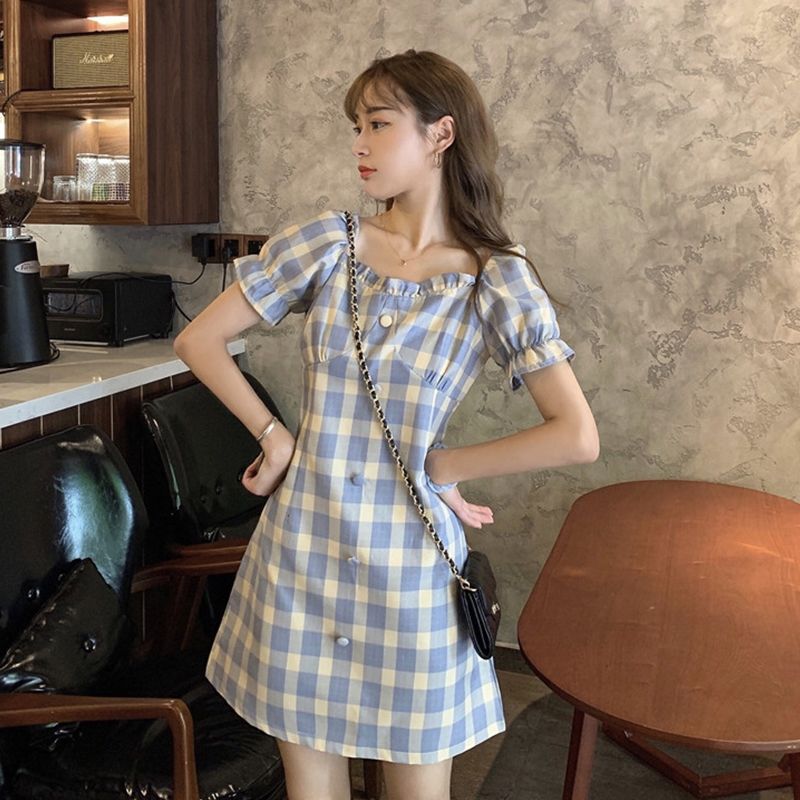 Dress A-Line Square Neck Lengan Puff Pendek Motif Kotak-Kotak Gaya Korea Untuk Wanita / Musim Panas