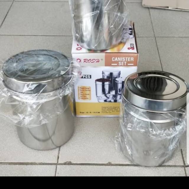 Canister set rosh stainless 3pcs / tempat wadah gula kopi teh garam stainless isi 3pcs / tempat bumbu dapur / tempat penyimpanan kopi