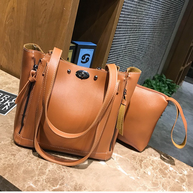 More584 Tas Bahu Wanita Olie Tote Bag PU Black Brown Totebag / Shoulderbag Polos Import Coklat hitam