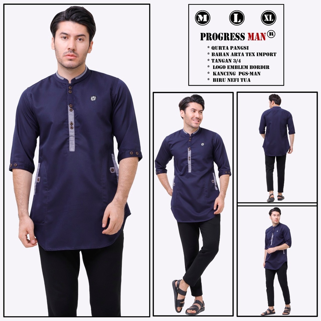 PROGRESS MAN baju koko pria lengan tiga perempat koko kurta pangsi kemeja koko pria lengan tiga perempat koko kurta pangsi baju kurta pangsi dewasa logo bordir Abu Muda P4N9S203