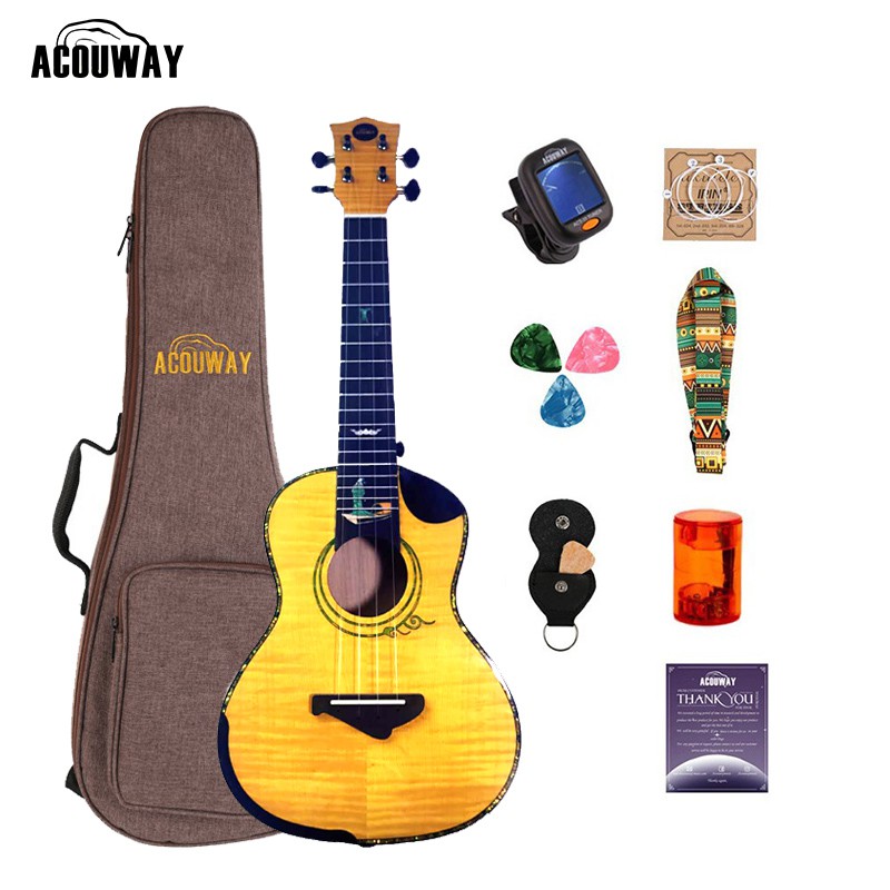 ACOUWAY FZC 24Inch Concert ukulele Yellow&amp;blue match 2A Canada Tiger Grain Maple top glossy finish