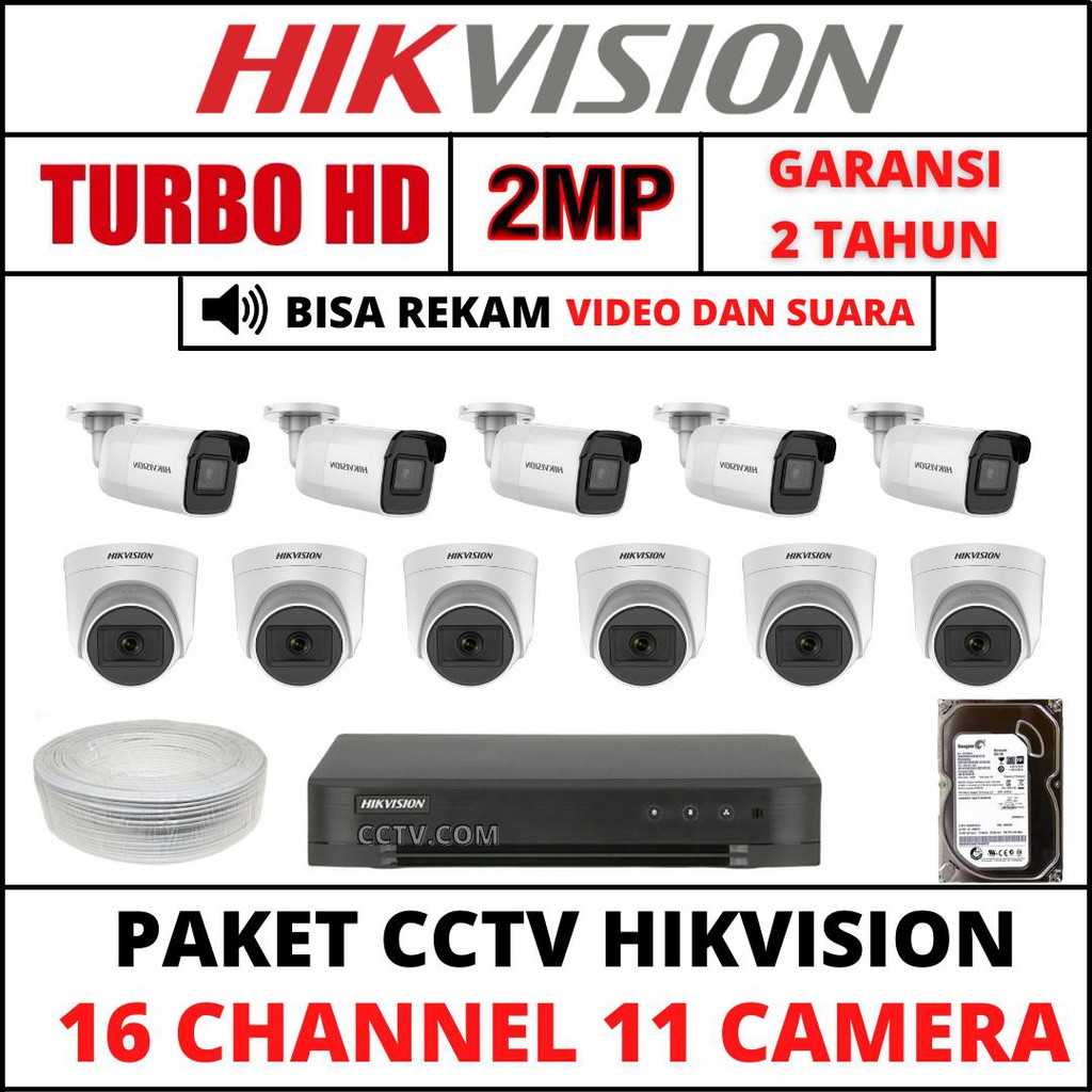 PAKET CCTV HIKVISION 16 CHANNEL 11 KAMERA 2MP TURBO HD/AUDIO SERIES  1080P KOMPLIT TINGGAL PASANG