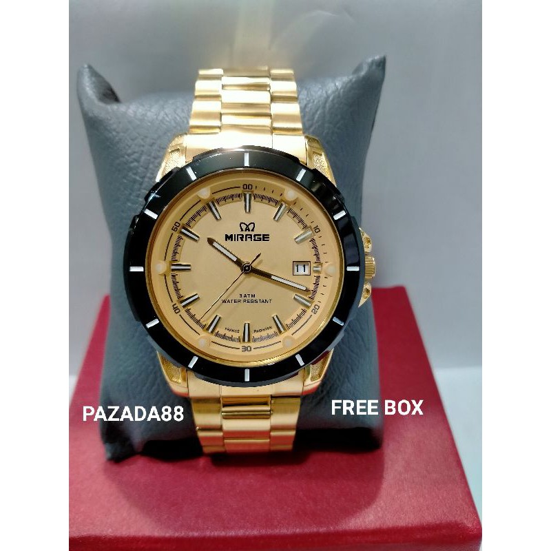 MIRAGE 8713 BRP- M/JAM TANGAN PRIA RANTAI KUNING STAINLESS STEEL WATER RESISTANT