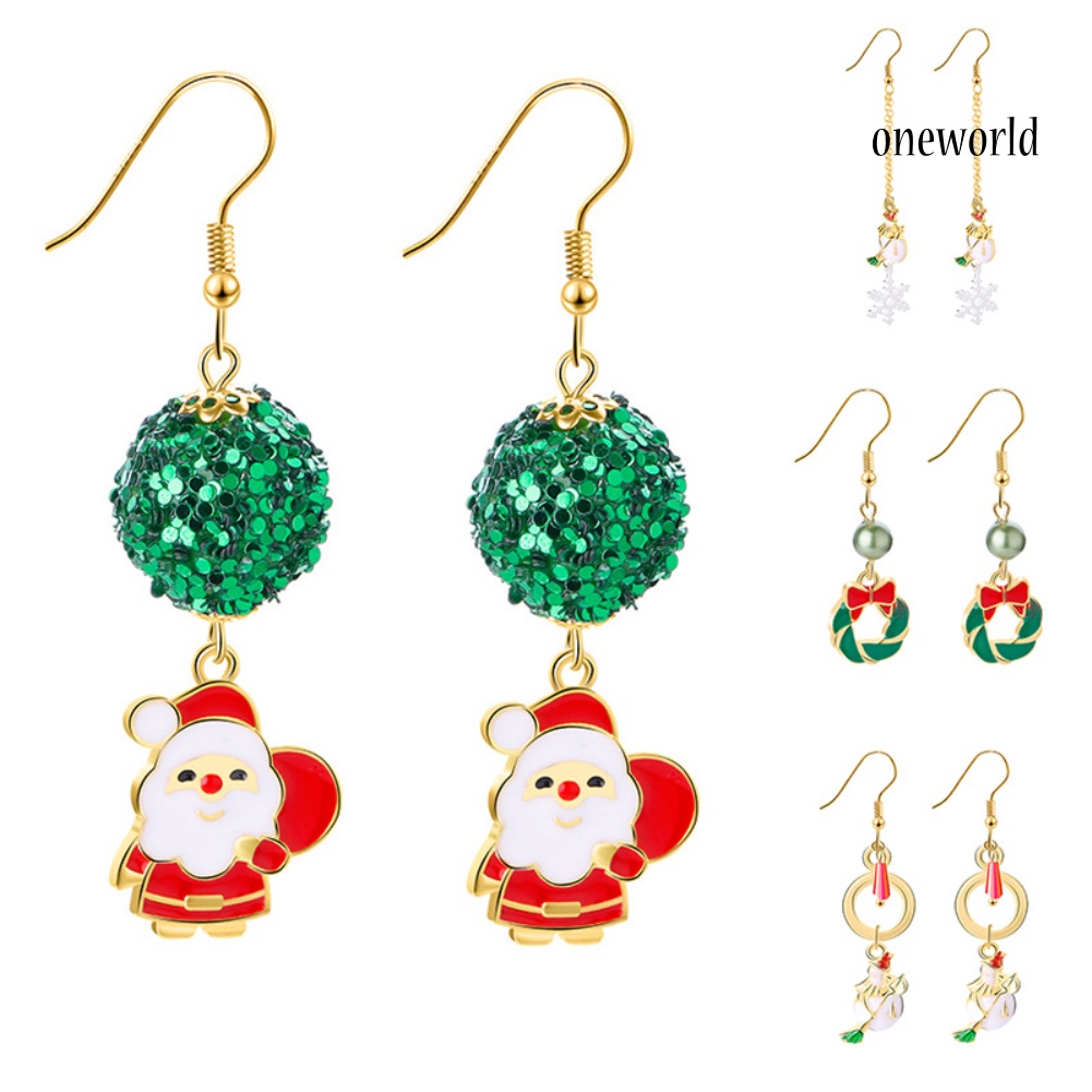 OW@ Women Enamel Christmas Santa Claus Tree Deer Dangle Hook Earrings Xmas Gift