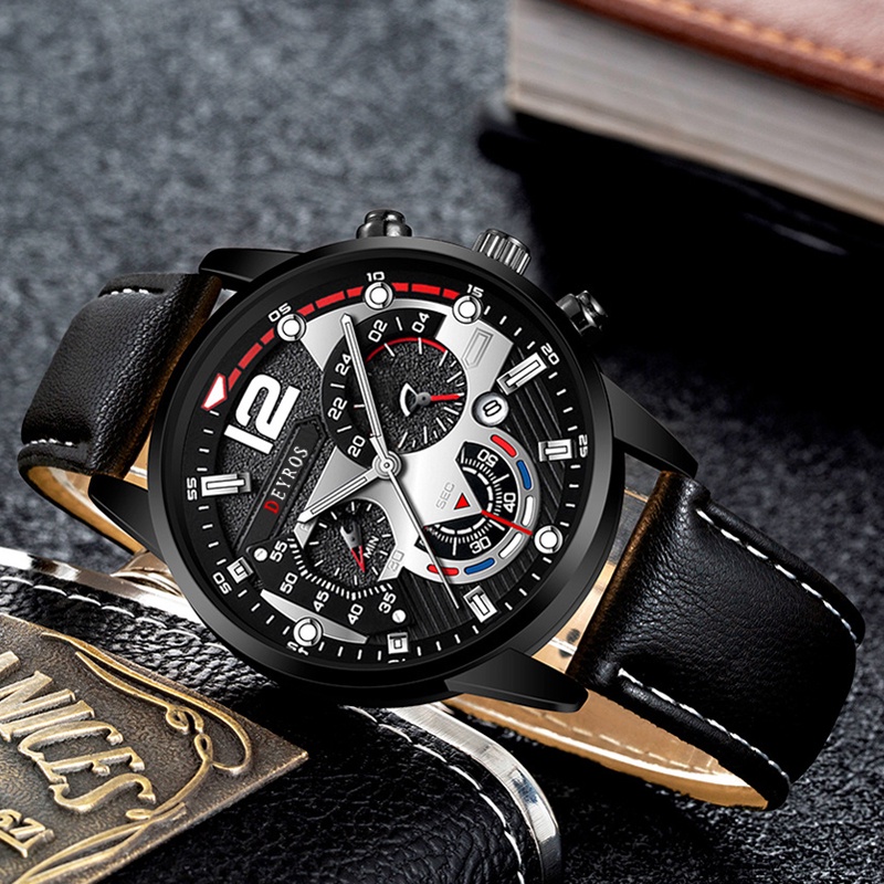 HARGA TERBAIK✅ Jam Tangan Pria Elegan Aksen Emas Tali Kulit Premium Kombinasi Sempurna Gaya Mewah Fungsionalitas Klasik JPD-02