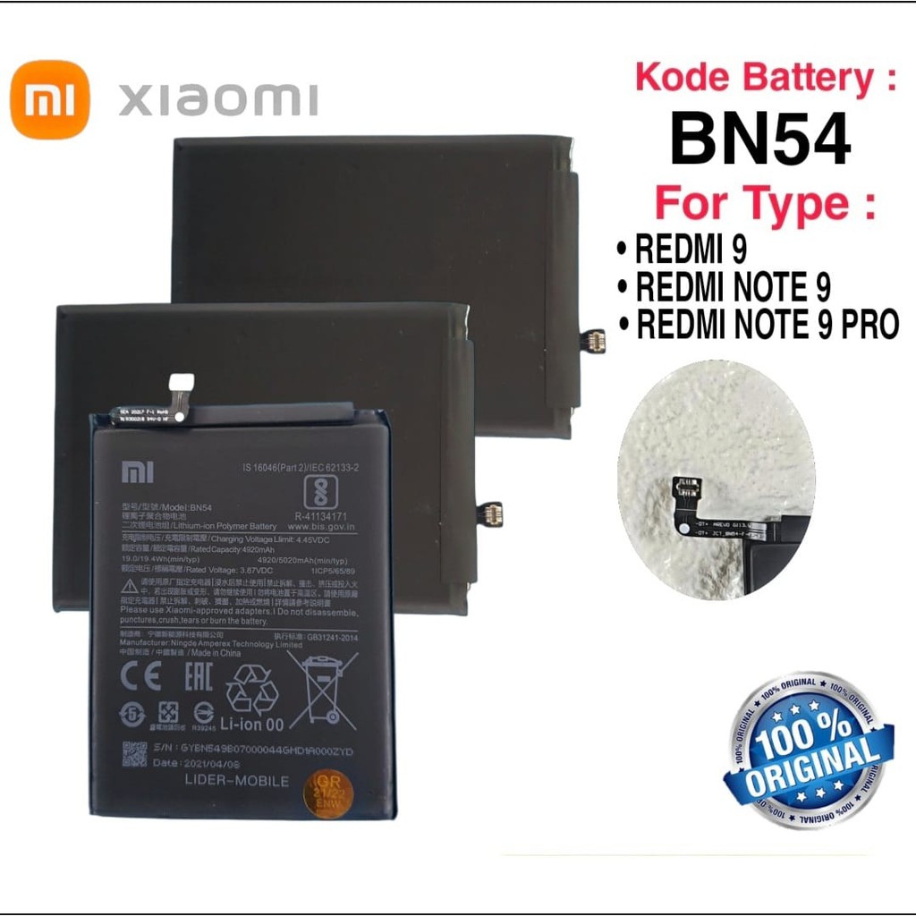 Baterai Battery Original Xiaomi Redmi 9 , Redmi Note 9 , Note 9 Pro , Redmi Note 10 Pro , BN54 BN-54