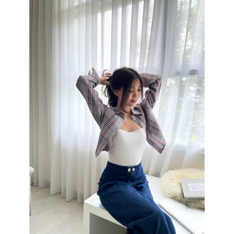 Kadaka O-0169 Plaid Crop Korean Shirt Kemeja Wanita