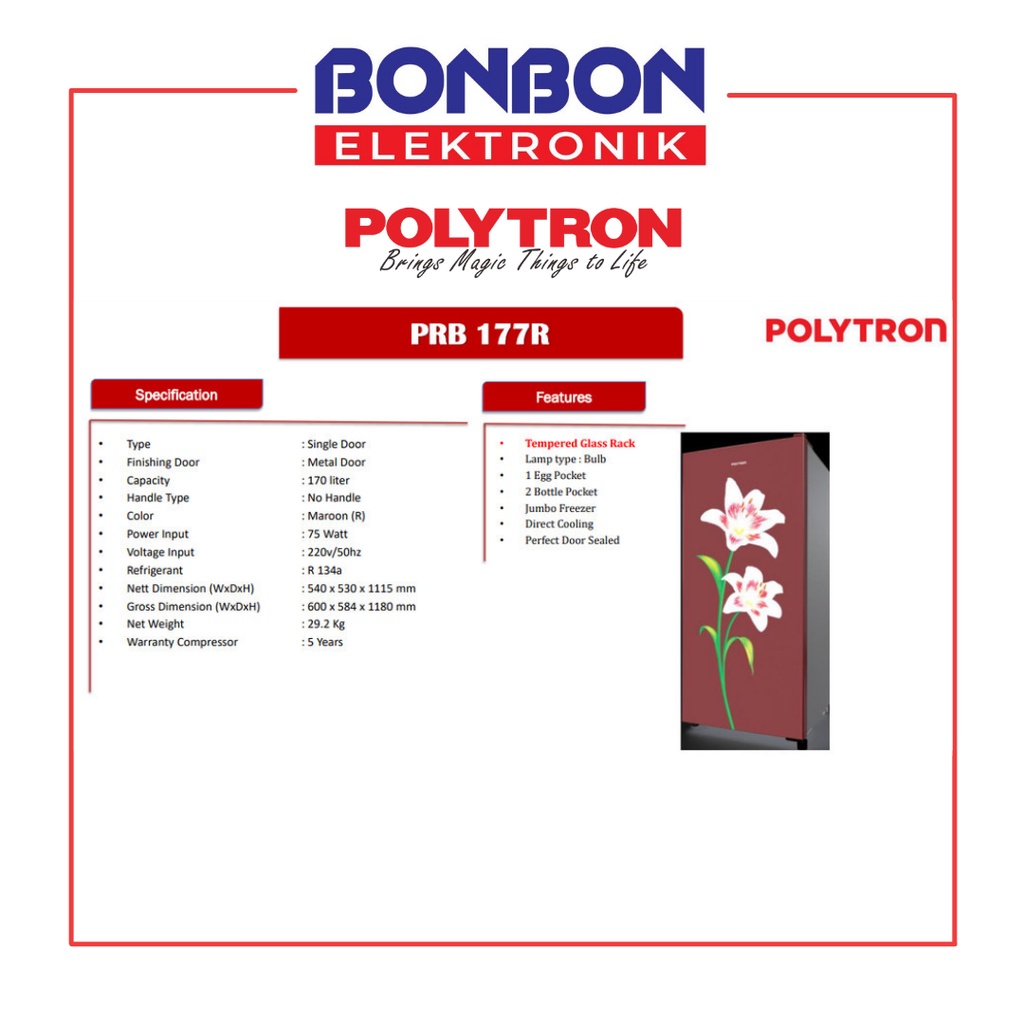 Polytron Kulkas 1 Pintu 170L PRB-177R / PRB 177 R / PRB177 / PRB177R