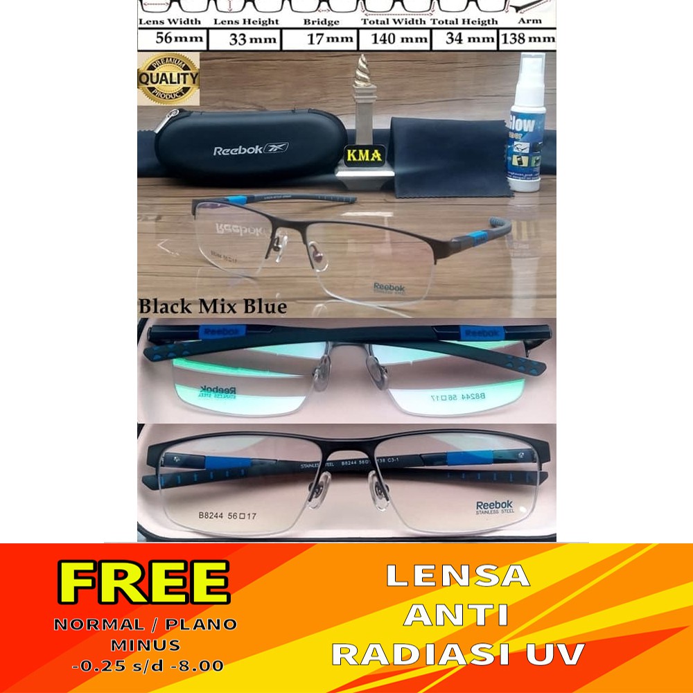 kacamata premium minus half frame REEBOK ELGRANT frame sport gratis lensa minus anti uv radiasi