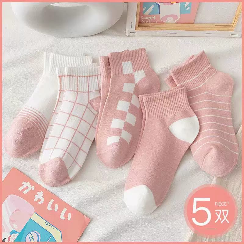 Gobra ♕ KK039 Kaos Kaki (Tanpa Kemasan) Wanita Tipis Pendek Semata Kaki Motif Pinky Kotak Fashion Korea Women Sock Import Murah