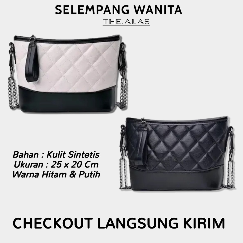 Tas Selempang Bahu Fashion Wanita Tali Rantai Besi Kekinian Import Polos Hitam Putih