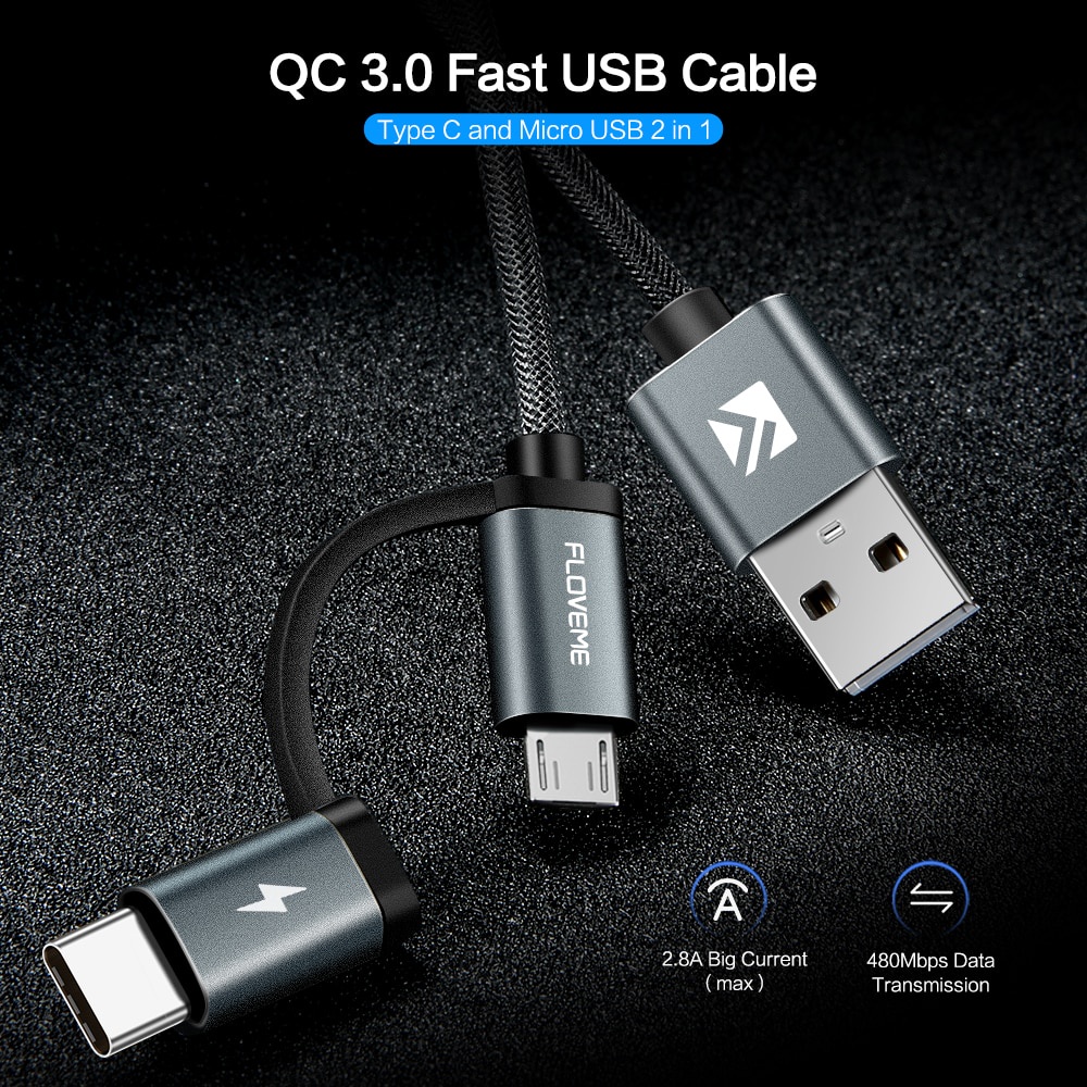 Kabel Charger 2 in 1 Micro USB + USB Type C QC3.0 2.8 A 100 cm