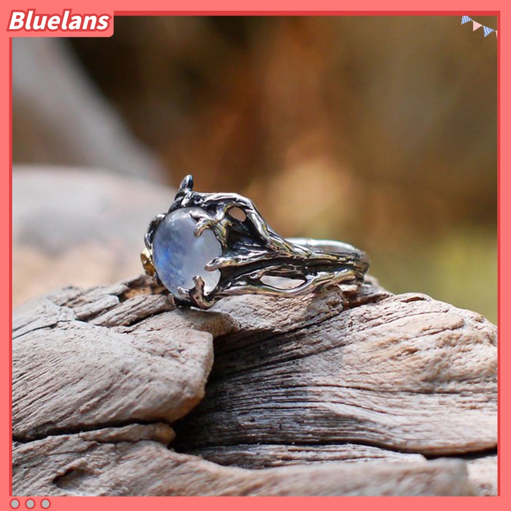 Bluelans Vintage Round Faux Moonstone Inlaid Rose Leaves Women Ring Party Jewelry Decor