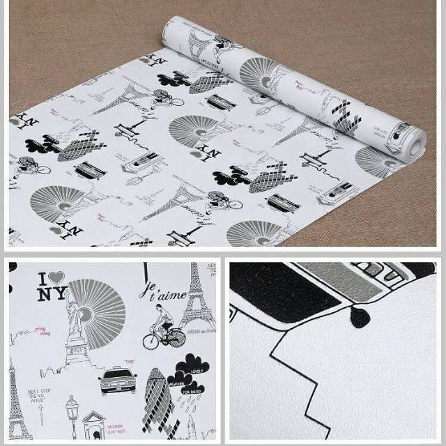 Wallpaper stiker dinding murah no 6020 motif paris hitam minimalis
