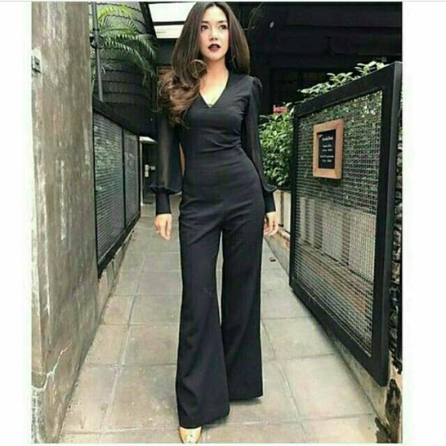 Jumpsuit V lengan transparan