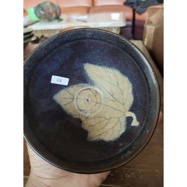 Keramik China Dinasty Mangkok Song Tang Hitam Motif Daun