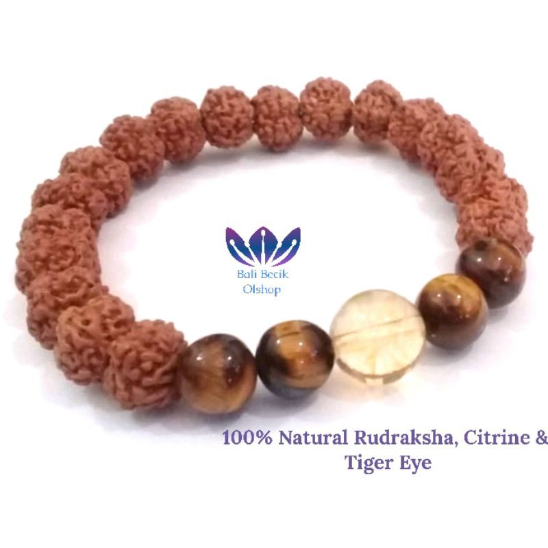 100% Gelang Rudraksha Jenitri Genitri Natural, Batu Citrine Natural BatuTiger Eye Natural 8mm