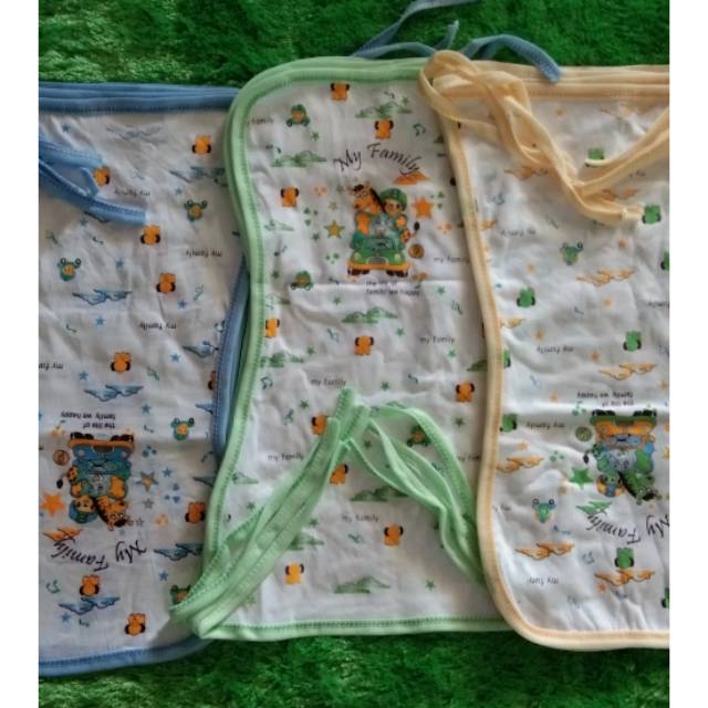 12 pcs POPOK KAIN BAYI PUTIH MOTIF (My Family) CATTON MODEL TALI Uk. Besar