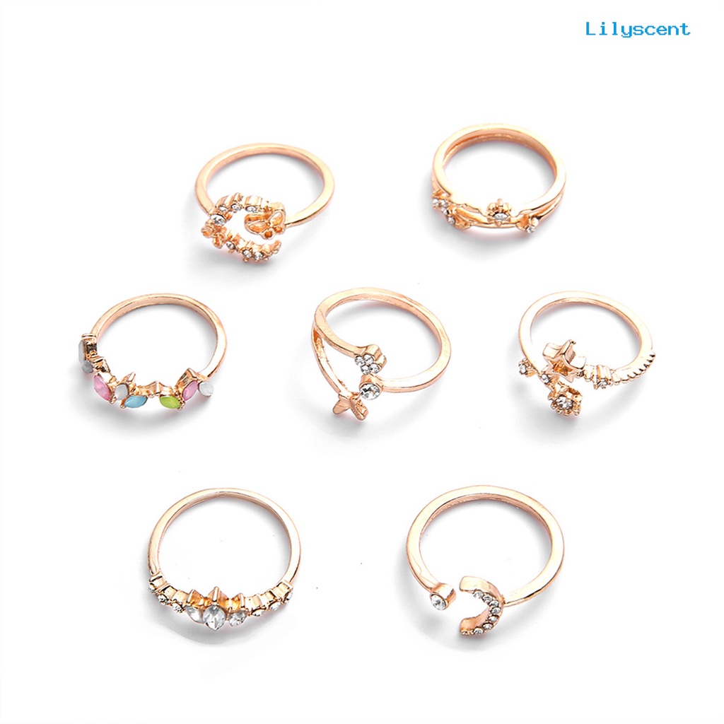 Lc 7Pcs / Set Cincin Model Terbuka Desain Kupu-Kupu + Bunga Nyaman Ringan Untuk Wanita