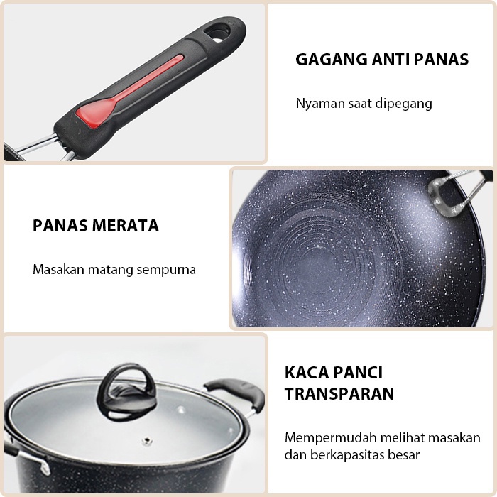 Panci Set Wajan Penggorengan Teflon Set isi 3 Pcs Panci Set Teflon Anti Lengket Serbaguna Free Pisau Set Cantik GOSHOP88