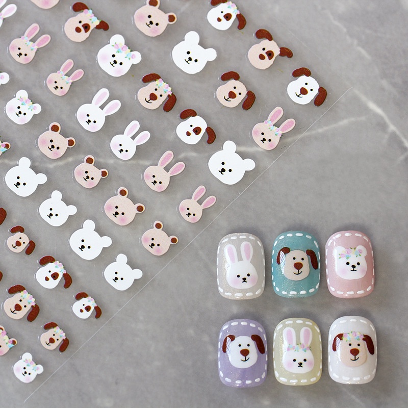 1 Lembar Stiker Kuku Motif Kartun Beruang / Kelinci Transfer Air Untuk Dekorasi Nail Art / Manicure DIY
