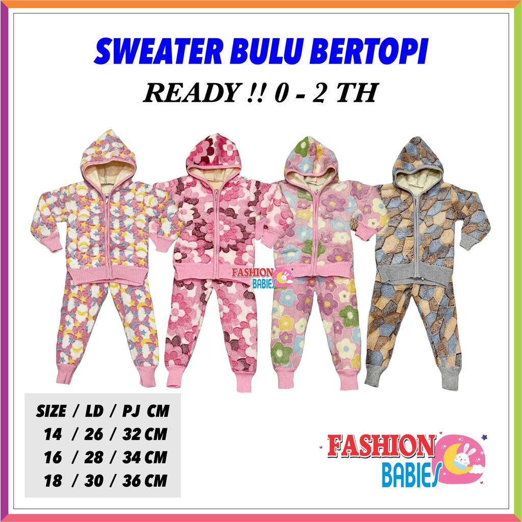 ❤ Fashionbabies ❤ SETELAN BULU IMPORT TOPI 0-2 TH MOTIF BARU