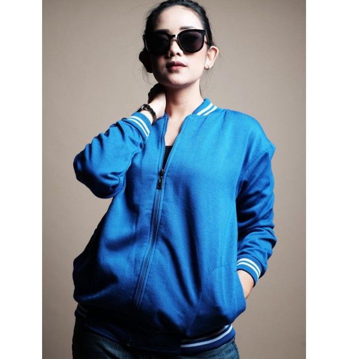 Jaket Baseball Polos Resleting Pria Wanita Bahan Tebal