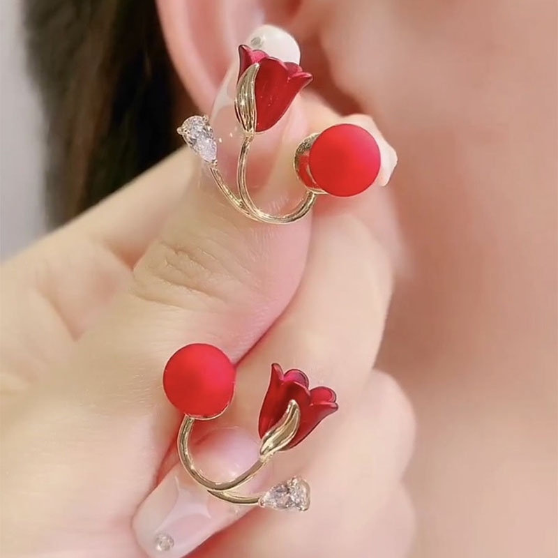 Anting Bentuk Bunga Mawar Merah Gaya Unik