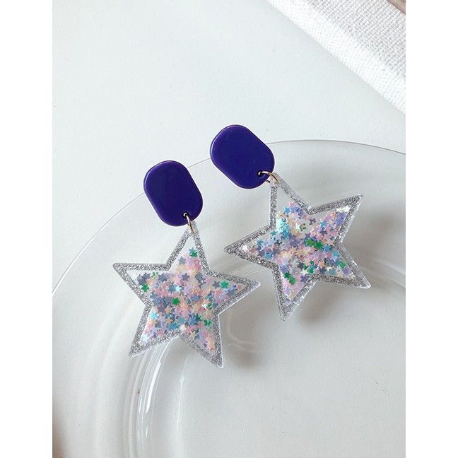 LRC Anting Tusuk Fashion Blue Light Color Five-pointed Star Love Earrings F60370