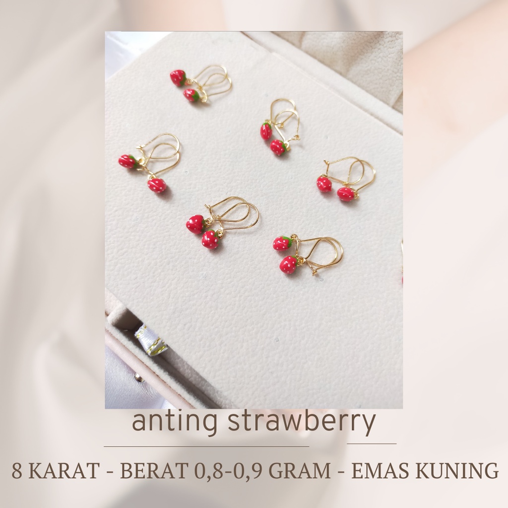 Anting anak anting Stroberi emas asli 8K