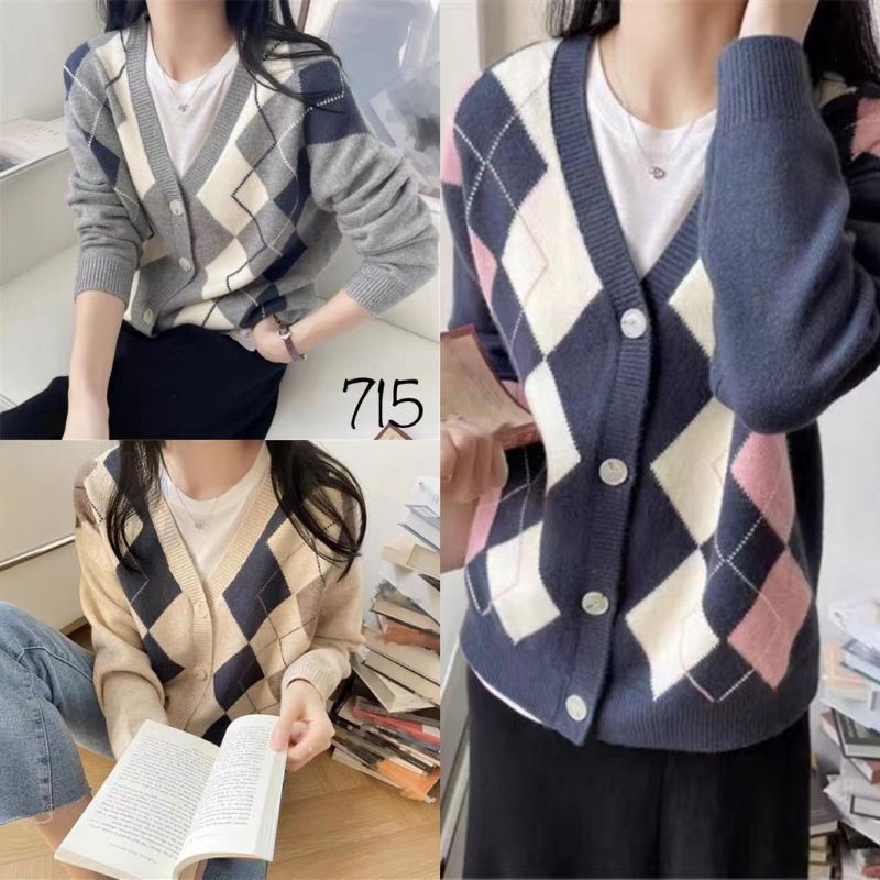 CARDIGAN BARU RAJUT KNIT MOTIF KETUPAT ARGYLE