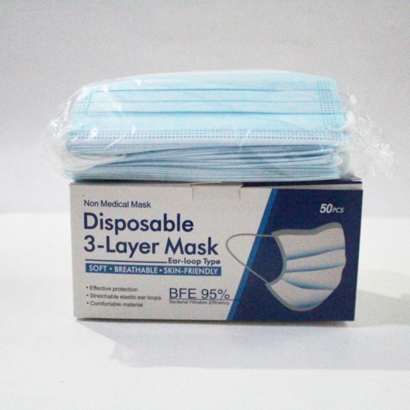 Masker disposable 3 layer mask earloop 1 box isi 50 pcs