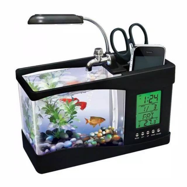 Aquarium Mini Akuarium Mini EECOO USB Desktop Jam Fish Tank dengan Air Mancur LS0404