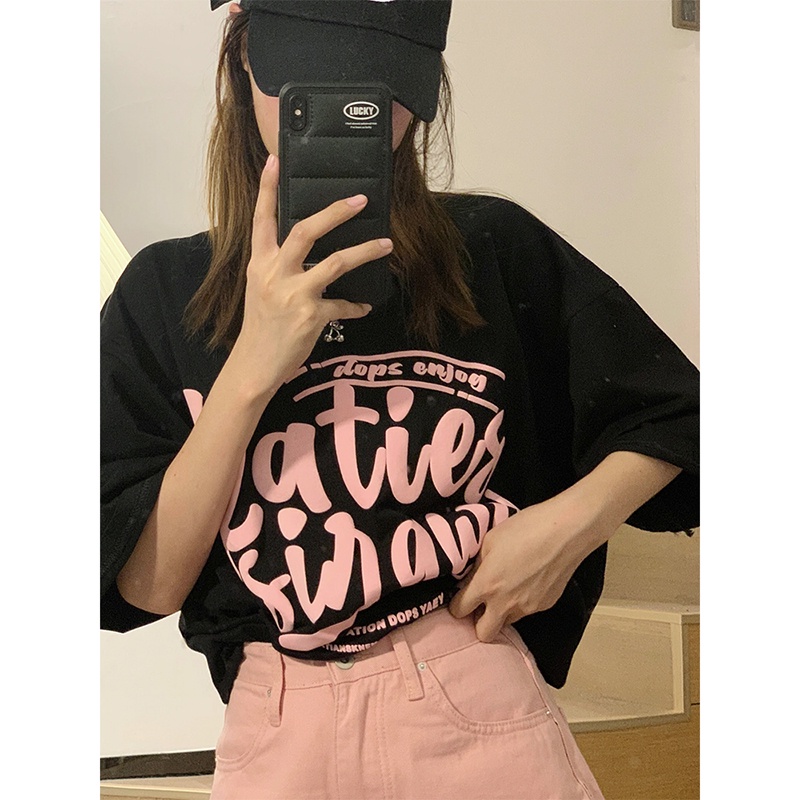 EUNII T-Shirt Lengan Pendek Hitam Longgar Korean Style/Kaos Atasan Wanita/Baju Oversize Wanita