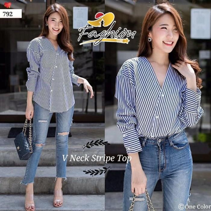 Extra Cashback Pakaian Wanita Blouse V-Neck Stripe Top Blue | X68 Premium
