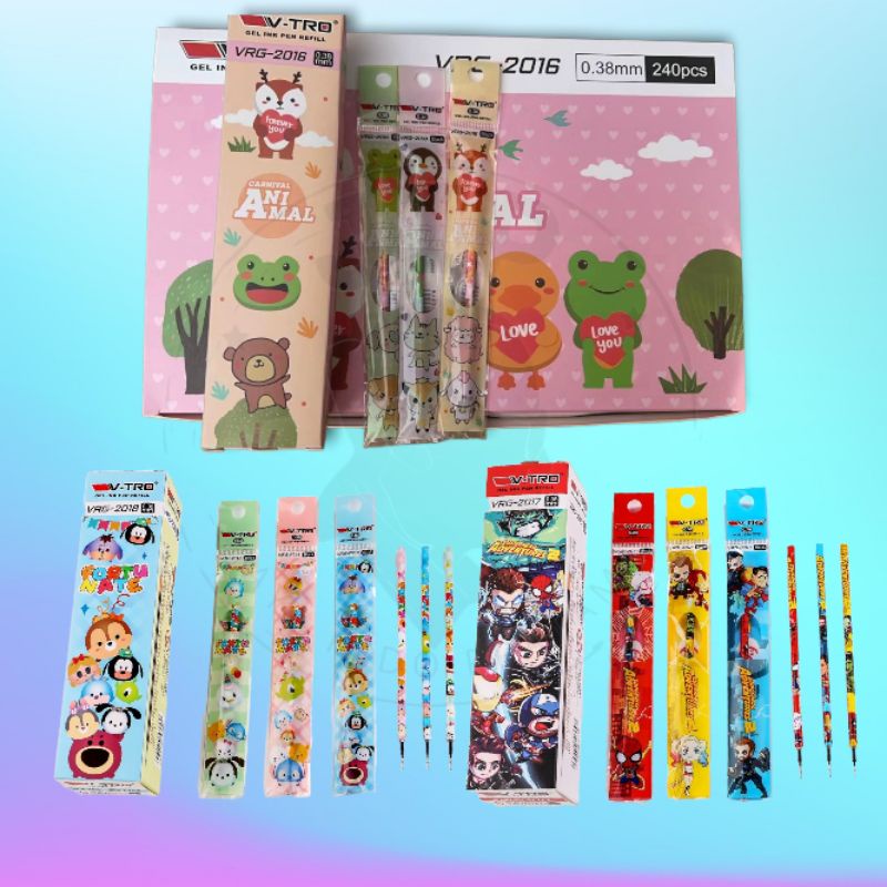 

20pcs Refill Gel pen isi pulpen Isi Bolpen Gel V-tro 0.38mm isi bolpen gel Hitam Bt21 Doraemon Unicorn Avenger Bts Squid game