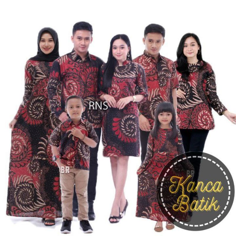 Promo Batik Couple Keluarga Sarimbit Sania Ruffle Batik Ori Ndoro Jowi Motif Puser Merah