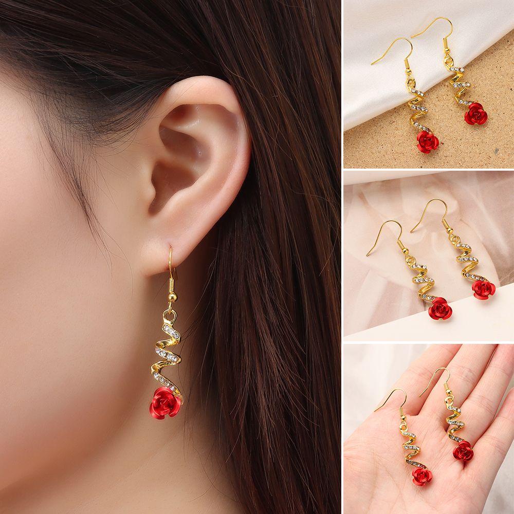 Solighter Rose Menjuntai Anting Baru Vintage Temperamen Gaya Korea Hari Valentine Wanita Perhiasan