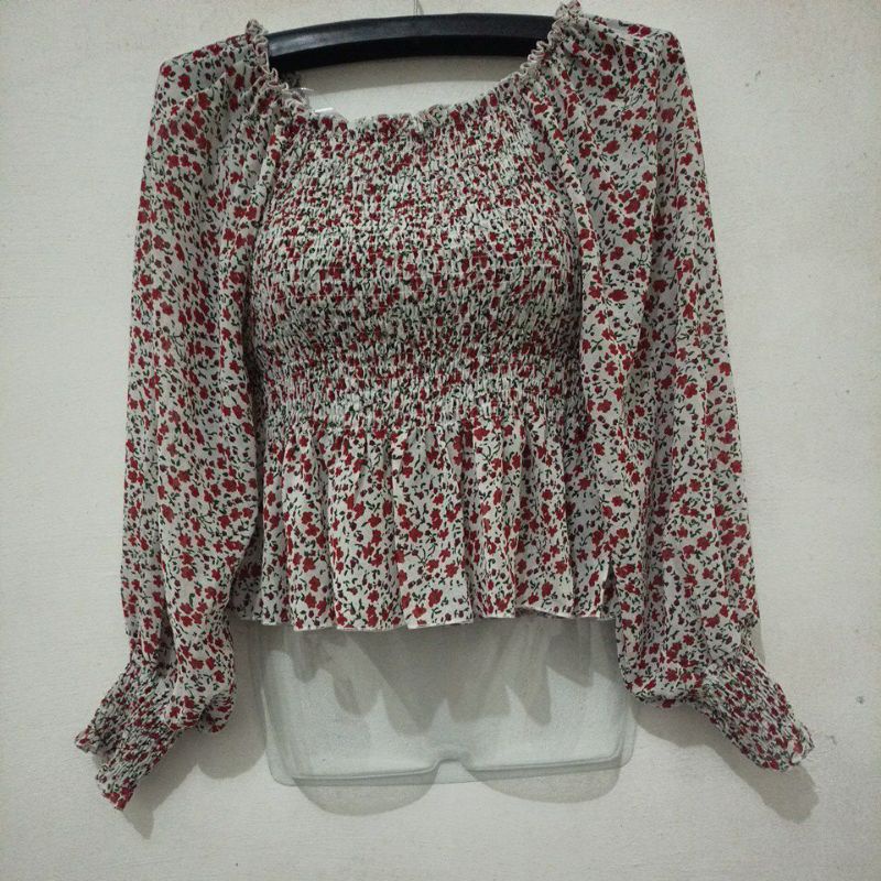 Blouse Lengan Balon Crop Shabby Bunga Sifon Bagus Besar Jumbo