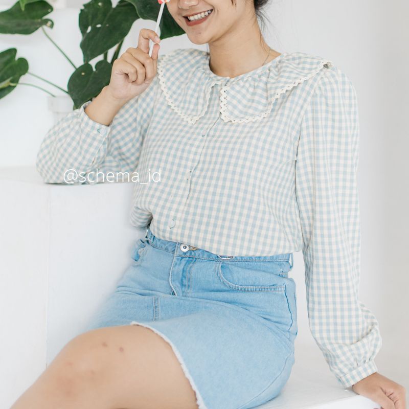 Yeora Blouse by Schema Collar Blouse Korea Style Atasan Top Wanita Lengan Panjang Tartan Blouse Cotton Premium