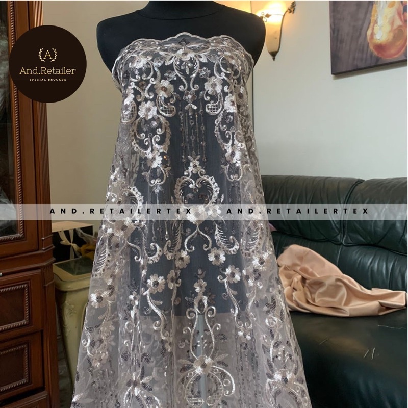 Bahan Kebaya Mewah Brokat Bordir Tile Payet Elizabeth Warna Coksu Latte