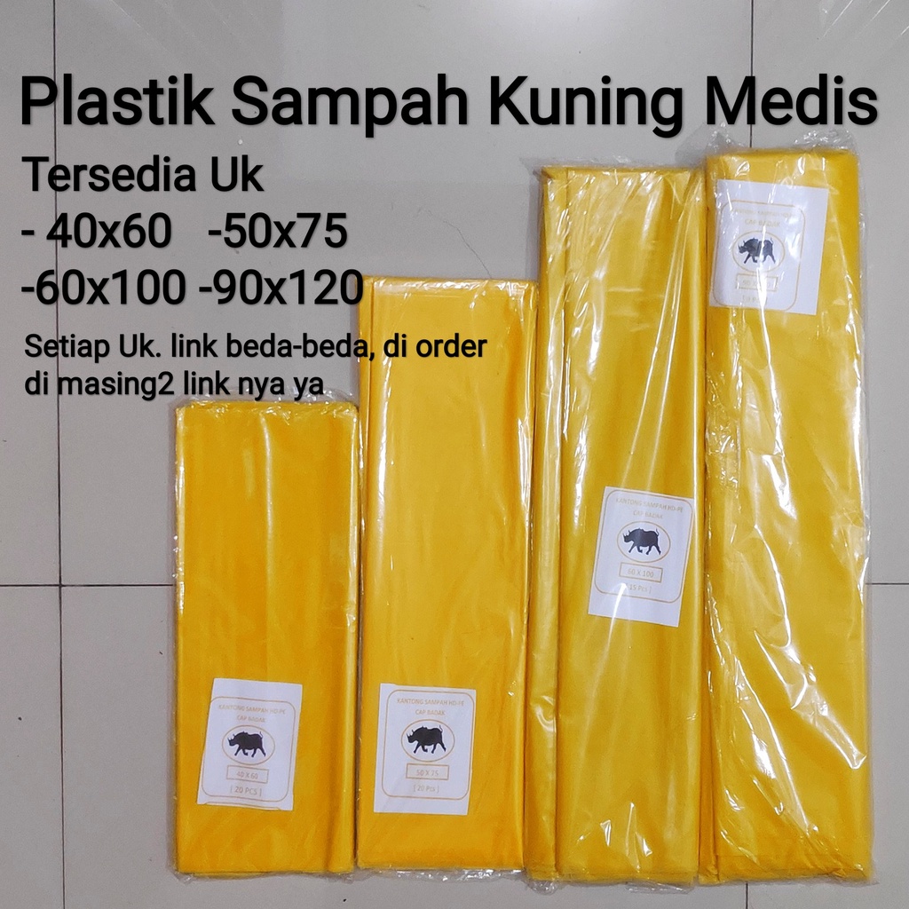 Plastik sampah Kuning 90x120 (8pcs) / 60x100 (15pcs) / 50x75 (20pcs) / 40x60 (20pcs), kantong plastik sampah medis, plastik infeksius