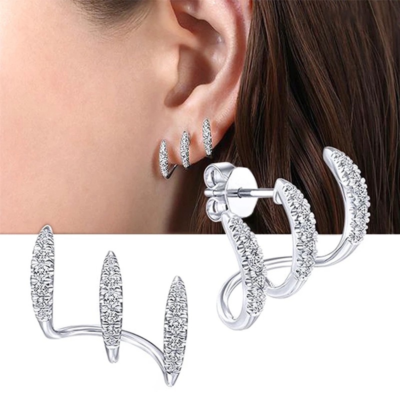 Set Anting Tusuk Silver S925 Desain Tiga Lapis Melengkung Hias Berlian