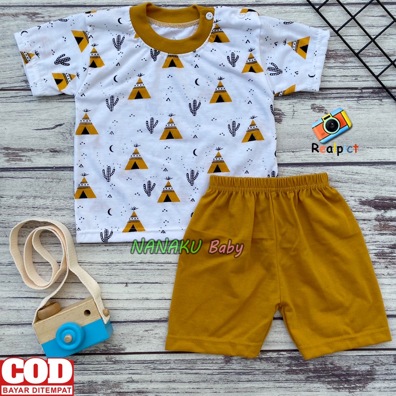 Setelan Baju Bayi Setelan Piyama Bayi Lengan Pendek Kancing Bahu Motif Piramid Usia 3-12 Bulan Ana BAby