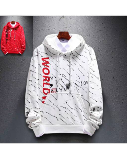 TOTOTAshop.Sweater Hoodie WORLD pria,Bahan Fleece tebal.motif sablon premium.