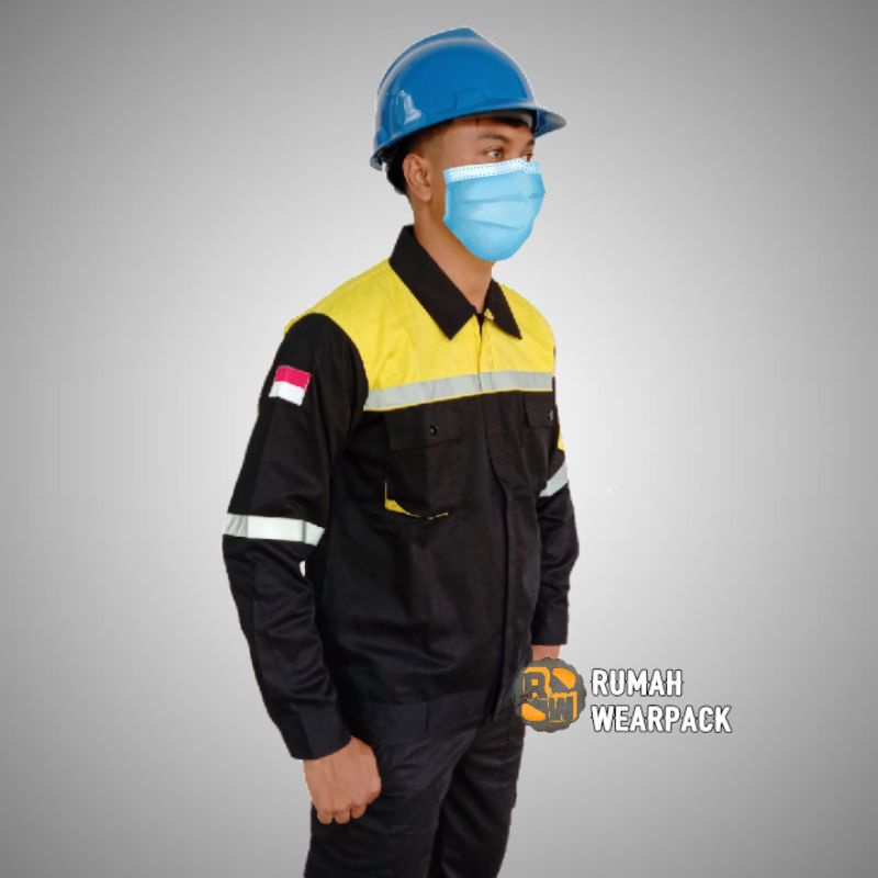 Baju Kerja/ Wearpack Safety Atasan Warna Hitam Kombinasi Kuning