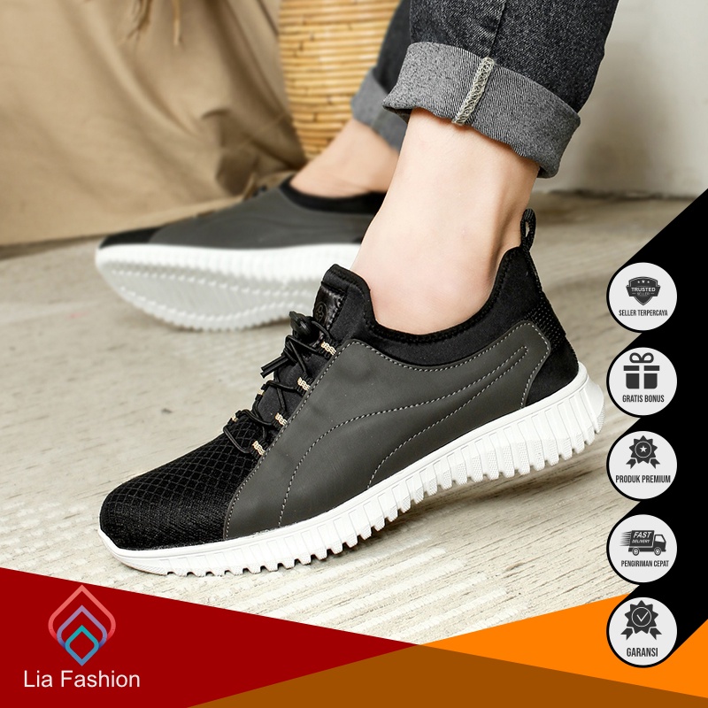 LF X BOOST - Sepatu Sneakers Kulit Sintetis Kasual Pria Wanita Unisex Warna Hitam Mix Abu Ukuran 39 